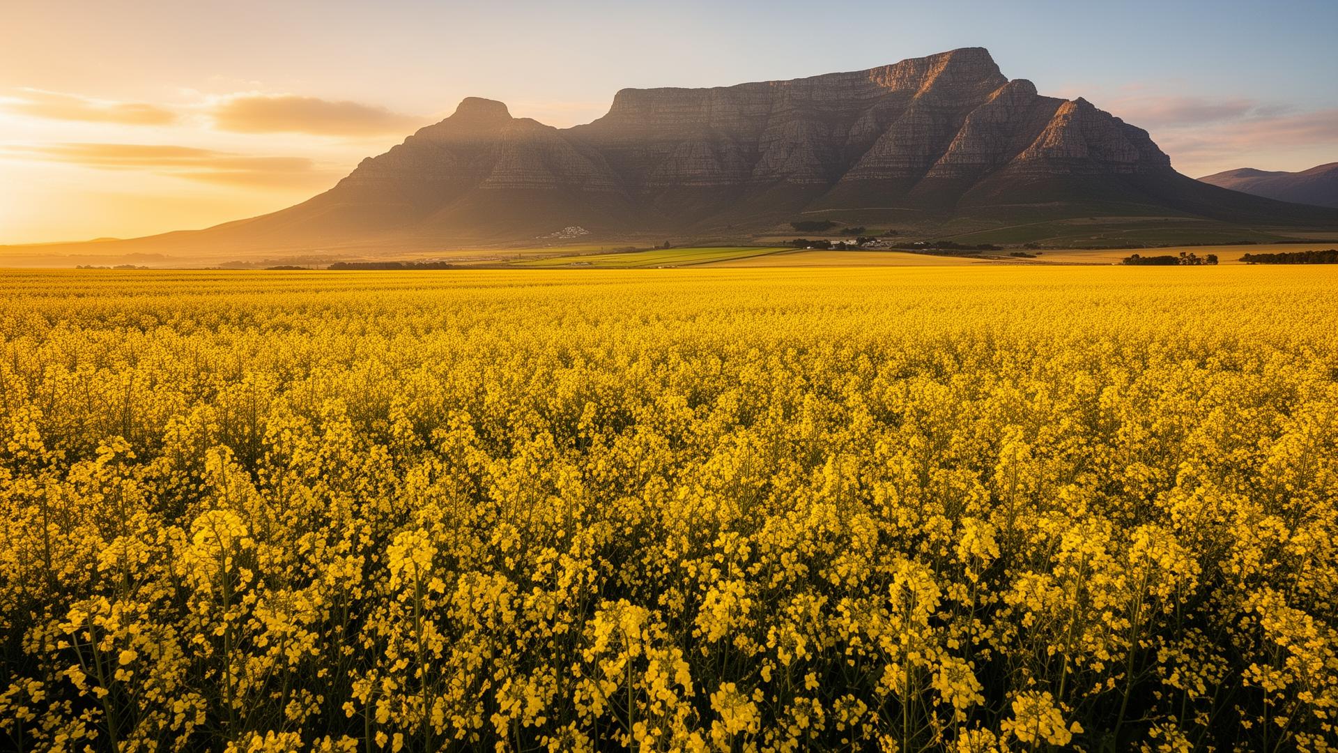 Golden canola fields with Western Cape mountains
